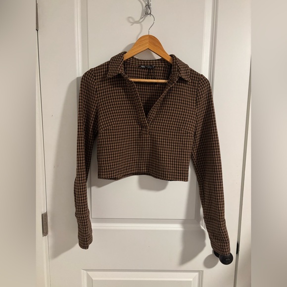 ZARA Houndstooth Crop Top Long Sleeve Collared Brown Size Medium - Picture 4 of 8